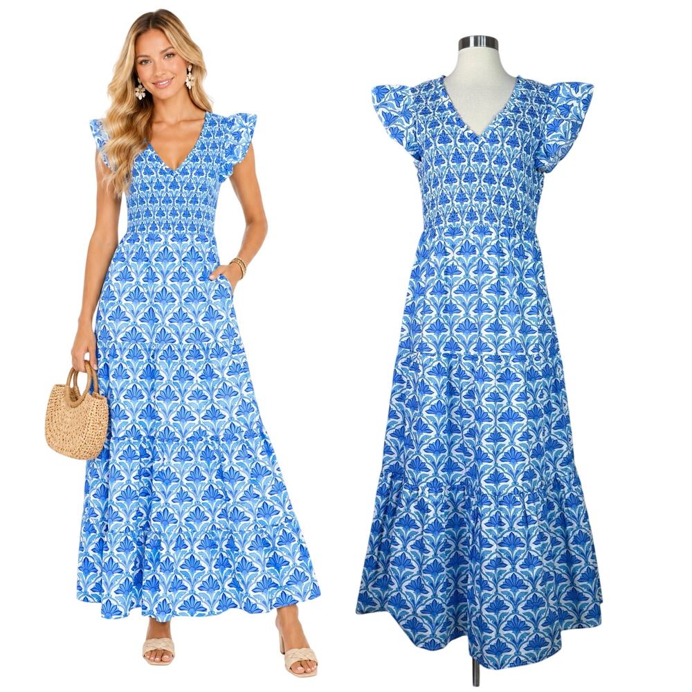 Sugar Lips | Blue White Floral Print Pockets Cotton Ruffle Sleeve Maxi Dress L